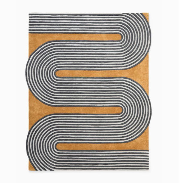 Hand-Tufted Wool Rug – Mustard Yellow with Black & White Wave Lines | Modern Geometric Statement Handmade Area Rugs For Living Room Bedroom Aesthetics Home Décor Rugs