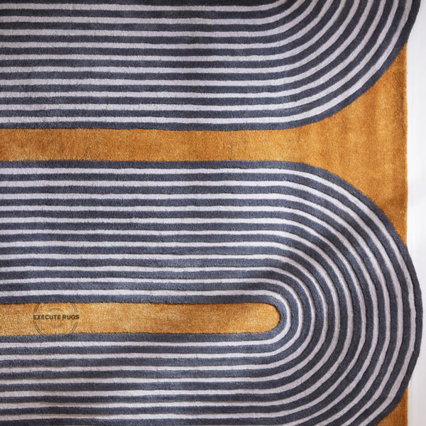 Hand-Tufted Wool Rug – Mustard Yellow with Black & White Wave Lines | Modern Geometric Statement Handmade Area Rugs For Living Room Bedroom Aesthetics Home Décor Rugs