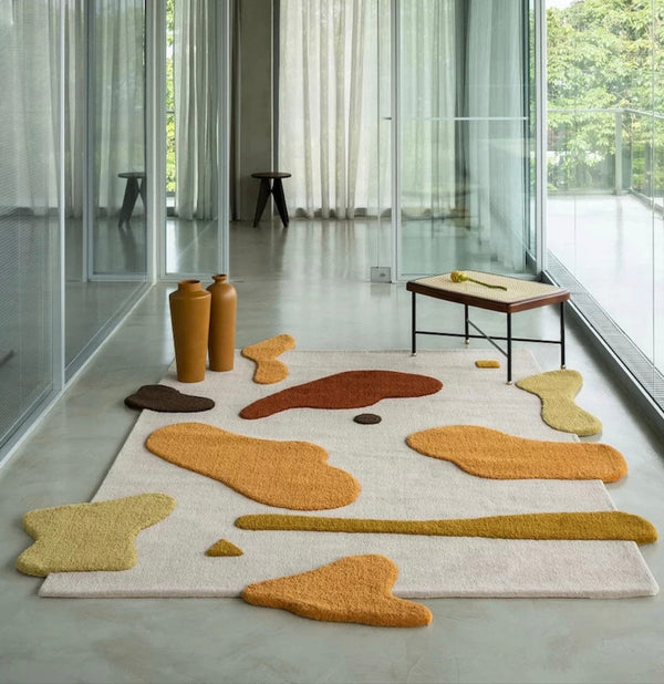 Hand-Tufted Wool Rug – Abstract Earth Tone Organic Shapes On Beige | Modern Artistic Statement Handmade Area Rugs For Living Room Bedroom Aesthetics Home Décor Rugs