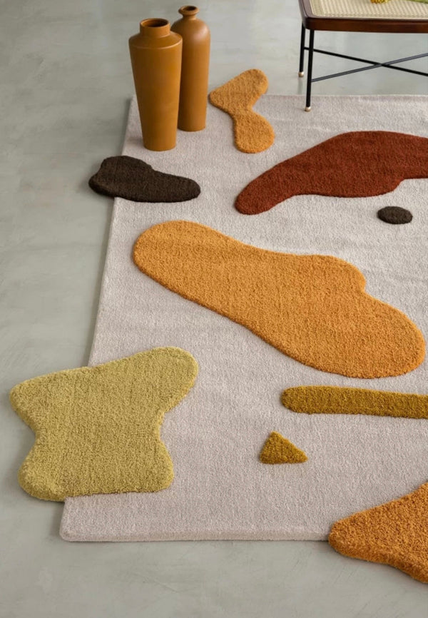 Hand-Tufted Wool Rug – Abstract Earth Tone Organic Shapes On Beige | Modern Artistic Statement Handmade Area Rugs For Living Room Bedroom Aesthetics Home Décor Rugs