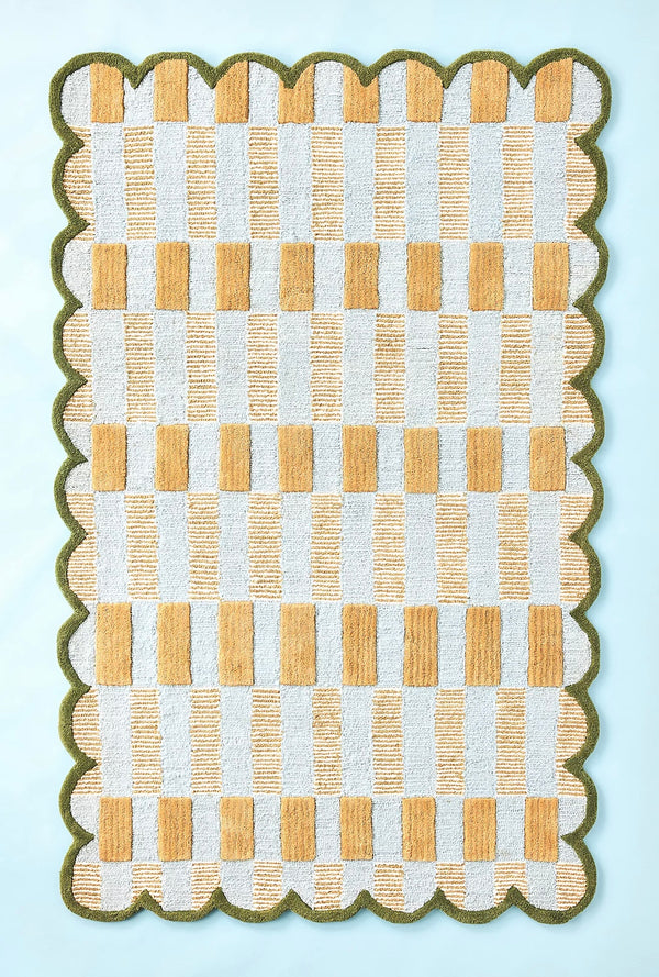 Hand-Tufted Matilda Goad Blue Wool Area Rug – Yellow & White Checkerboard With Green Scalloped Border | Modern Handmade Area Rugs For Living Room Bedroom Aesthetics Home Décor Rugs