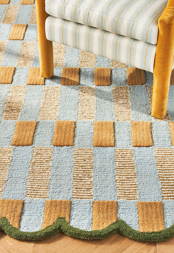 Hand-Tufted Matilda Goad Blue Wool Area Rug – Yellow & White Checkerboard With Green Scalloped Border | Modern Handmade Area Rugs For Living Room Bedroom Aesthetics Home Décor Rugs