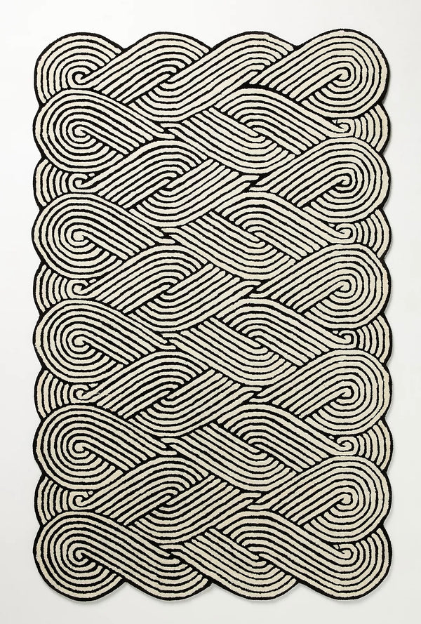 Hand-Tufted Wool Rug – Black & White Woven Wave Pattern | Modern Sculptural Statement Handmade Area Rugs For Living Room Bedroom Aesthetics Home Décor Rugs