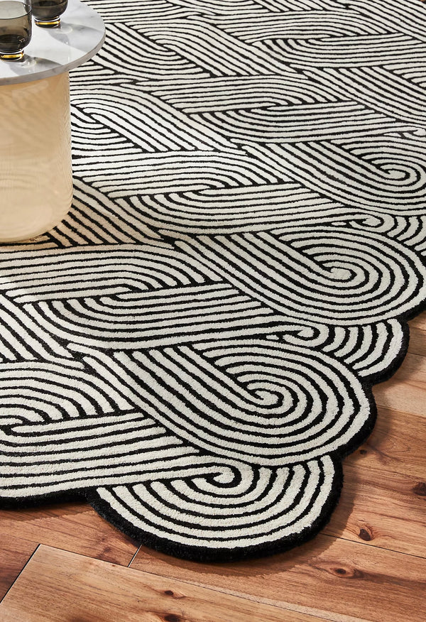 Hand-Tufted Wool Rug – Black & White Woven Wave Pattern | Modern Sculptural Statement Handmade Area Rugs For Living Room Bedroom Aesthetics Home Décor Rugs