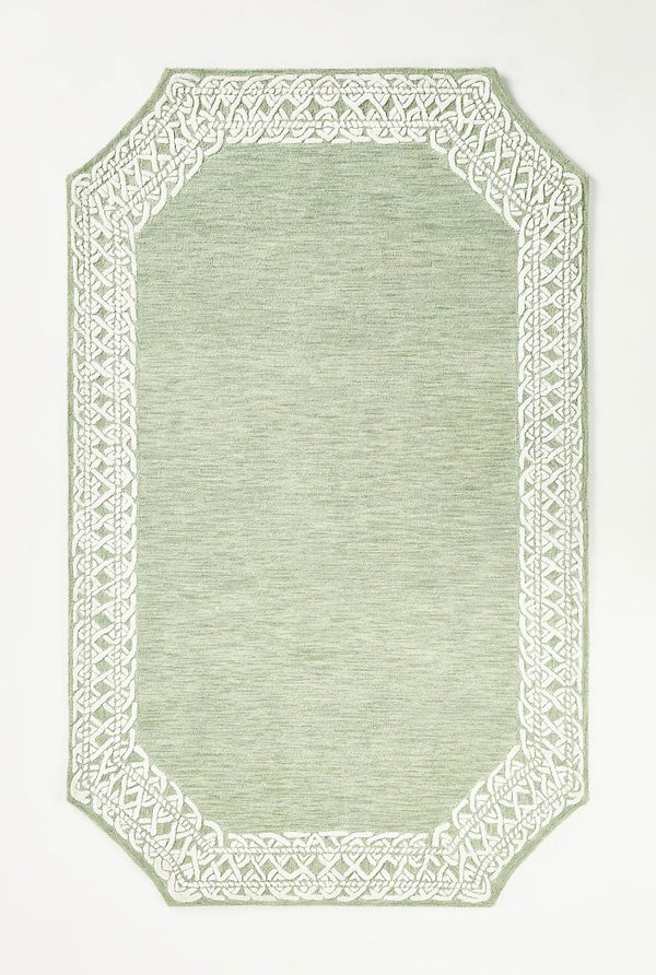 Hand-Tufted Wool Rug – Sage Green with Ivory Celtic Border | Elegant Octagonal Handmade Area Rugs For Living Room Bedroom Aesthetics Home Décor Rugs