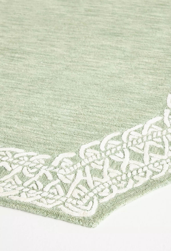 Hand-Tufted Wool Rug – Sage Green with Ivory Celtic Border | Elegant Octagonal Handmade Area Rugs For Living Room Bedroom Aesthetics Home Décor Rugs
