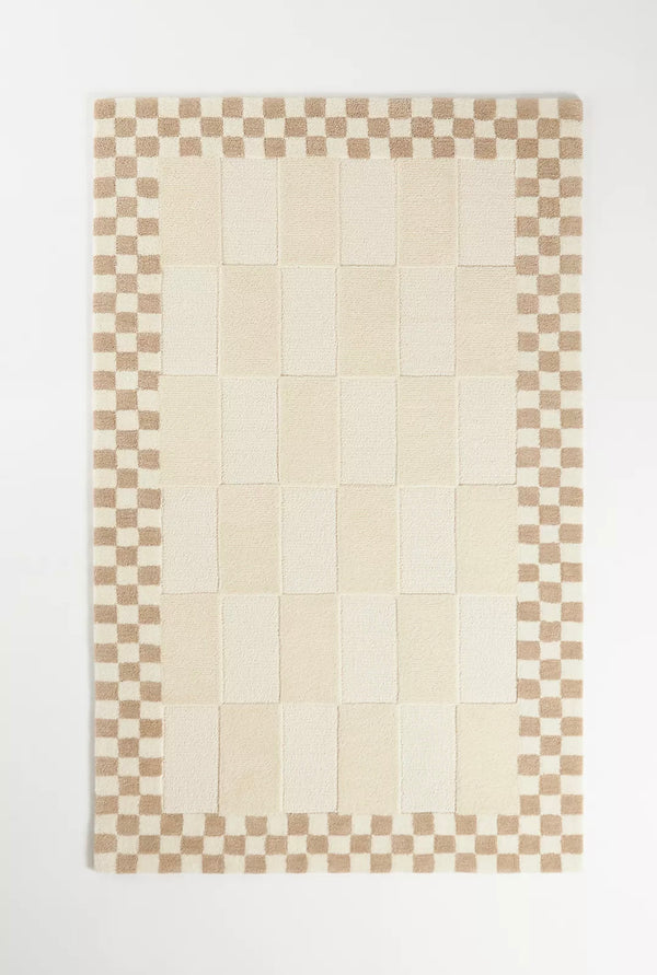 Hand-Tufted Wool Rug – Ivory & Beige Checkerboard Border | Modern Neutral Handmade Area Rugs For Living Room Bedroom Aesthetics Home Décor Rugs