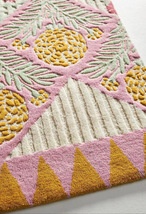 Ellen Merchant Boho Floral Hand-Tufted Rug - Pink, Yellow & Sage Green Vintage-Inspired Handmade Area Rugs For Living Room Bedroom Aesthetics Home Décor Rugs