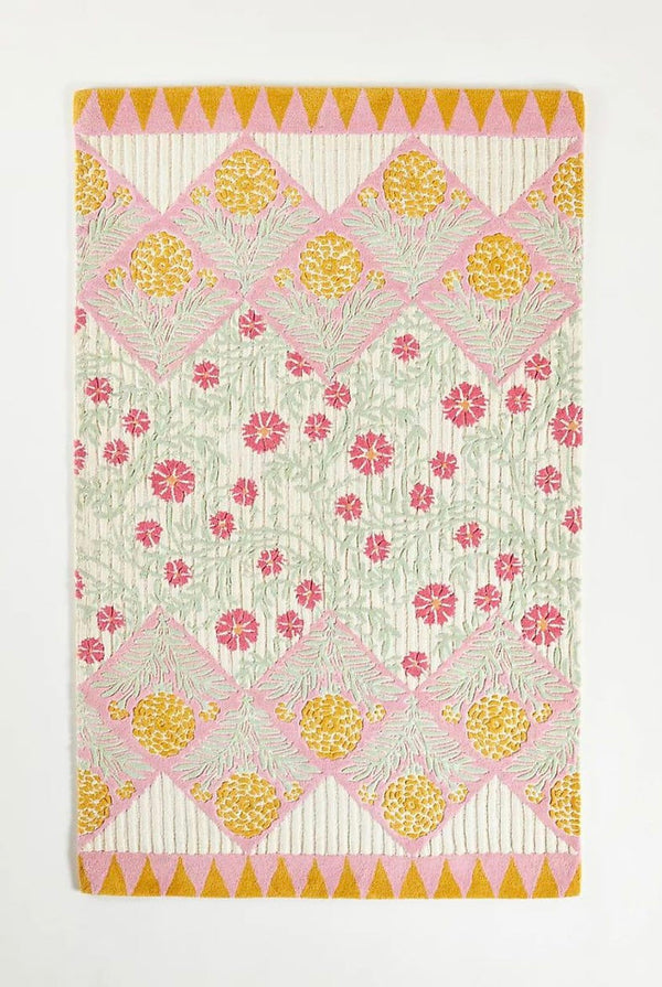 Ellen Merchant Boho Floral Hand-Tufted Rug - Pink, Yellow & Sage Green Vintage-Inspired Handmade Area Rugs For Living Room Bedroom Aesthetics Home Décor Rugs