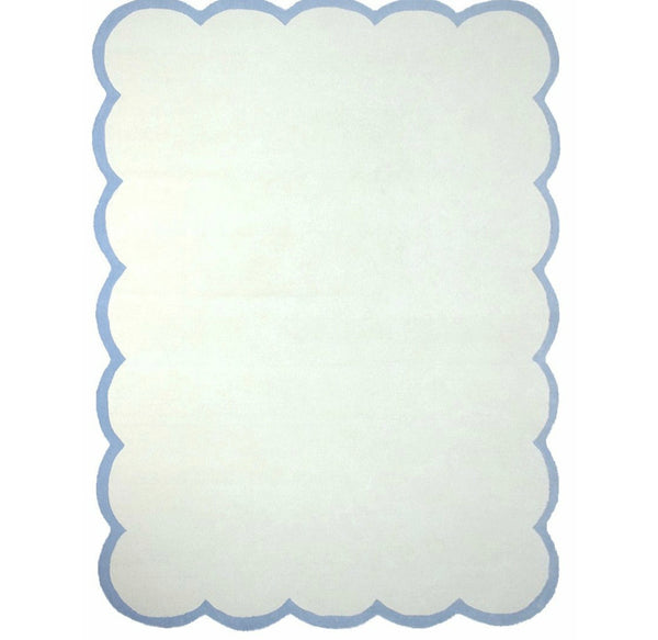 Hand-Tufted Wool Rug – Soft White with Sky Blue Scalloped Border Rug | Handmade Wool Area Rugs For Living Room Bedroom Aesthetics Home Décor Rugs