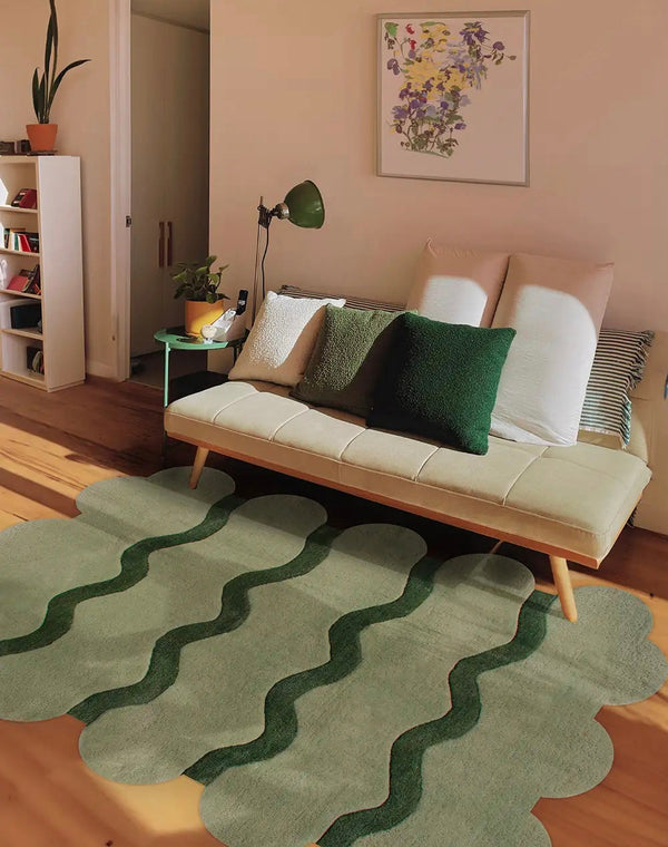 Irregular Hand-Tufted Rug – Sage Green With Dark Green Wave Stripes Handmade Wool Area Rugs For Living Room Bedroom Aesthetics Home Décor Rugs