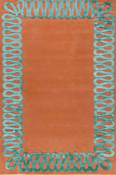 Hand-Tufted Wool & Silk Rug – Orange with Teal Loop Border – Modern Luxury Area Rug – Contemporary Living Room or Bedroom Accent & Any room