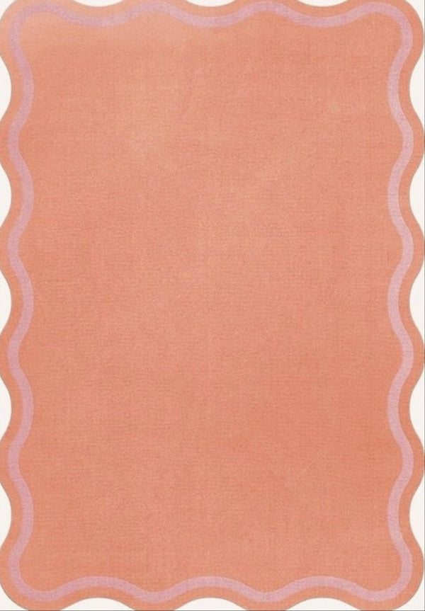 Hand-Tufted Scalloped Rug – Soft Coral With Lilac Wave Border Wool Area Rug | Handmade Area Rugs For Living Room Bedroom Aesthetics Home Décor Rugs
