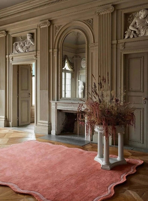 Hand-Tufted Scalloped Rug – Soft Coral With Lilac Wave Border Wool Area Rug | Handmade Area Rugs For Living Room Bedroom Aesthetics Home Décor Rugs