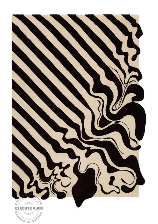 Hand-Tufted Black & Ivory Fluid Stripes Rugs | Modern Abstract Melting Designer Rug Handmade Wool Area Rugs For Living Room Bedroom Aesthetics Home Décor Rugs