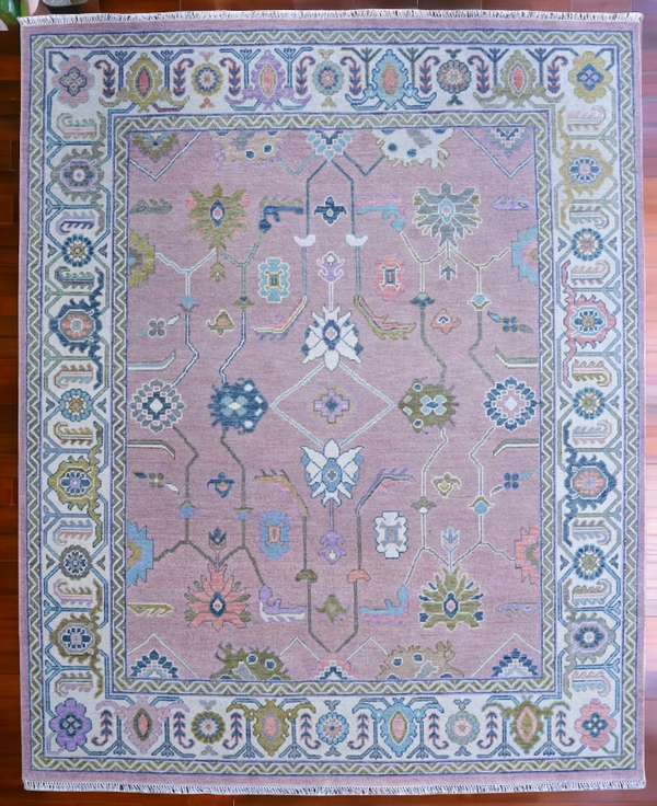 Modern Oushak Rug – Ivory Border & light Pink Accent Rug Handmade Turkish Knots | Colorful Wool Area Rugs For Any Room