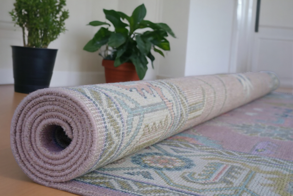 Modern Oushak Rug – Ivory Border & light Pink Accent Rug Handmade Turkish Knots | Colorful Wool Area Rugs For Any Room