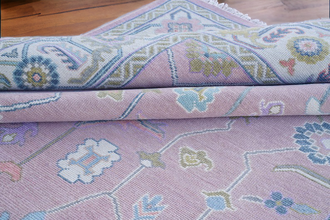 Modern Oushak Rug – Ivory Border & light Pink Accent Rug Handmade Turkish Knots | Colorful Wool Area Rugs For Any Room