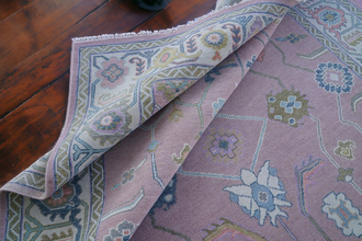 Modern Oushak Rug – Ivory Border & light Pink Accent Rug Handmade Turkish Knots | Colorful Wool Area Rugs For Any Room