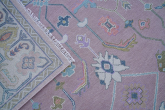 Modern Oushak Rug – Ivory Border & light Pink Accent Rug Handmade Turkish Knots | Colorful Wool Area Rugs For Any Room