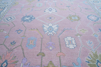 Modern Oushak Rug – Ivory Border & light Pink Accent Rug Handmade Turkish Knots | Colorful Wool Area Rugs For Any Room